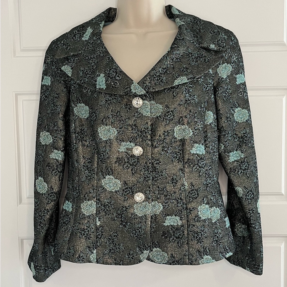 Kasper Floral Brocade Blue Black Silver Metallic Blazer Sparkle Buttons Size 4